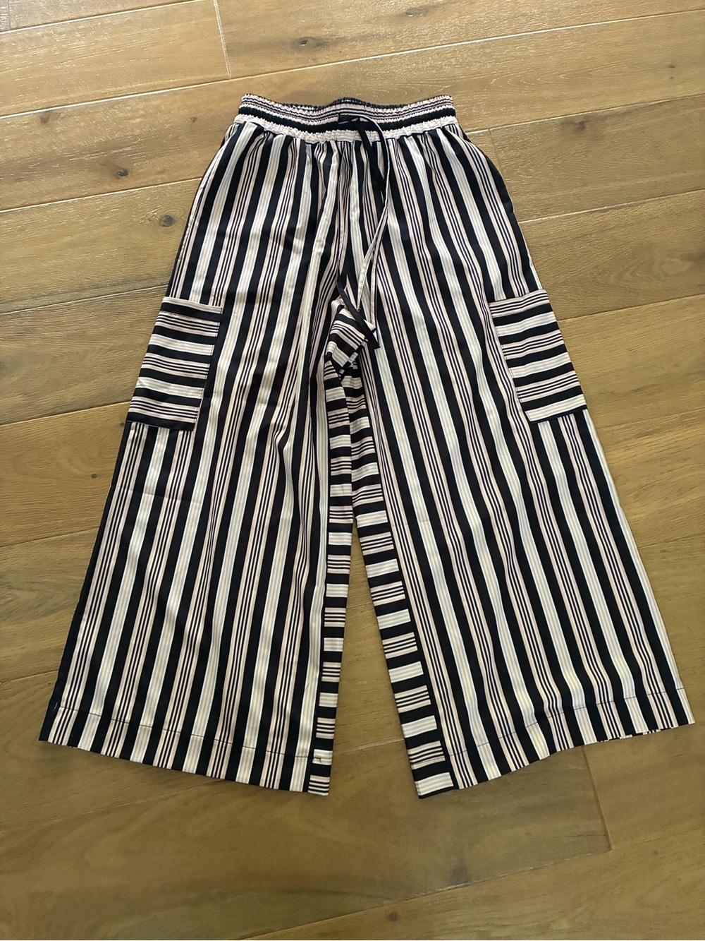 Wide Leg Striped Cargo Pants - Black & Pink